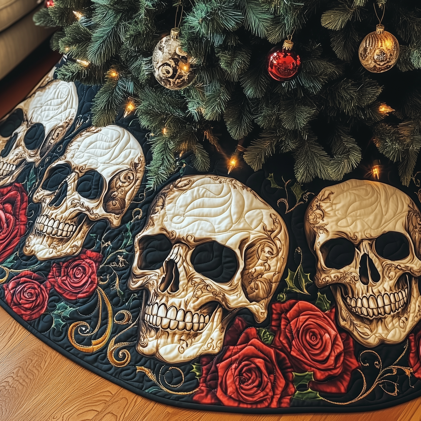 Vintage Floral Skull Quilted Tree Skirt GFTOTP782