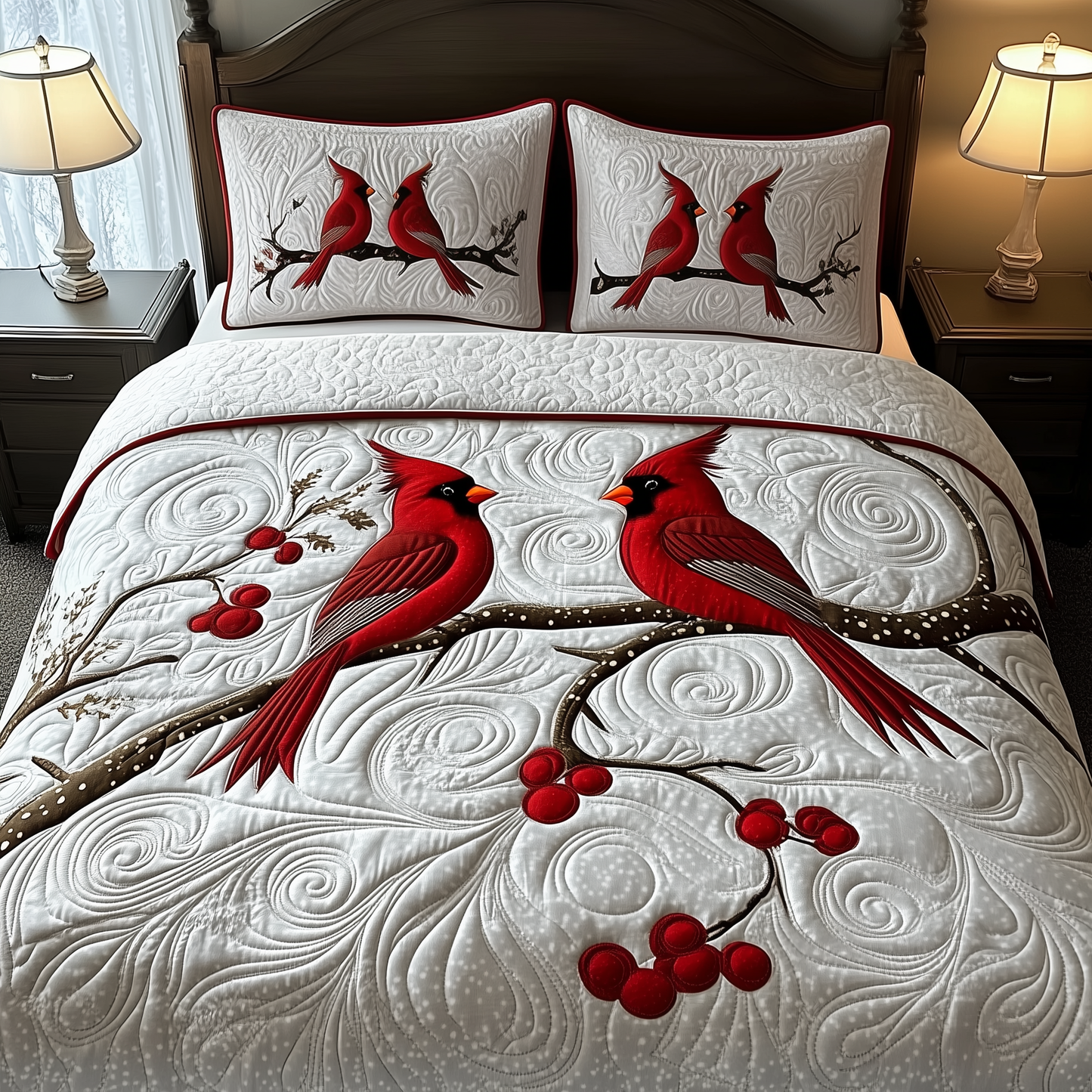 Red Cardinal Couple 3-Piece Quilted Bedding Set GFTOTP820