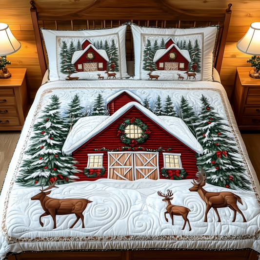 Snowy Farmhouse Barn 3-Piece Quilted Bedding Set GFTOTP934