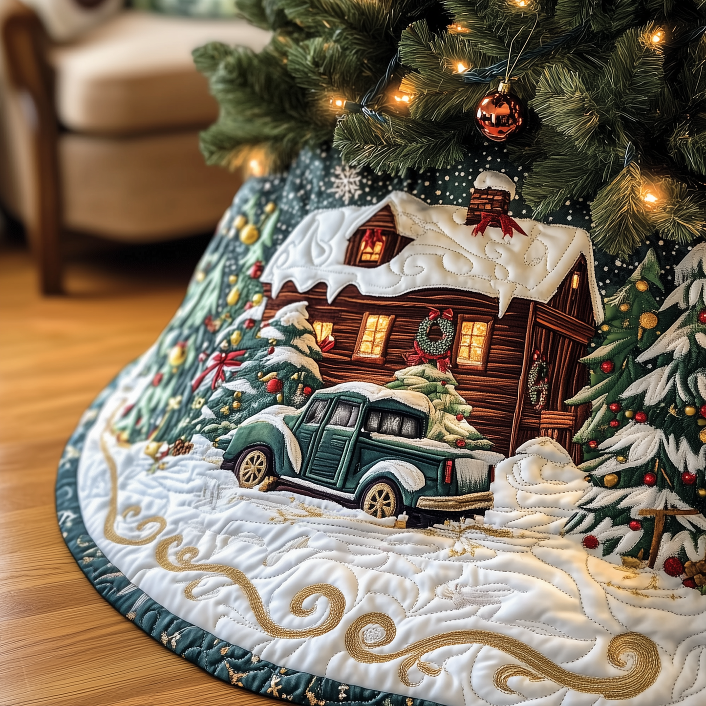 Vintage Snowy Cabin Quilted Tree Skirt GFTOTP967