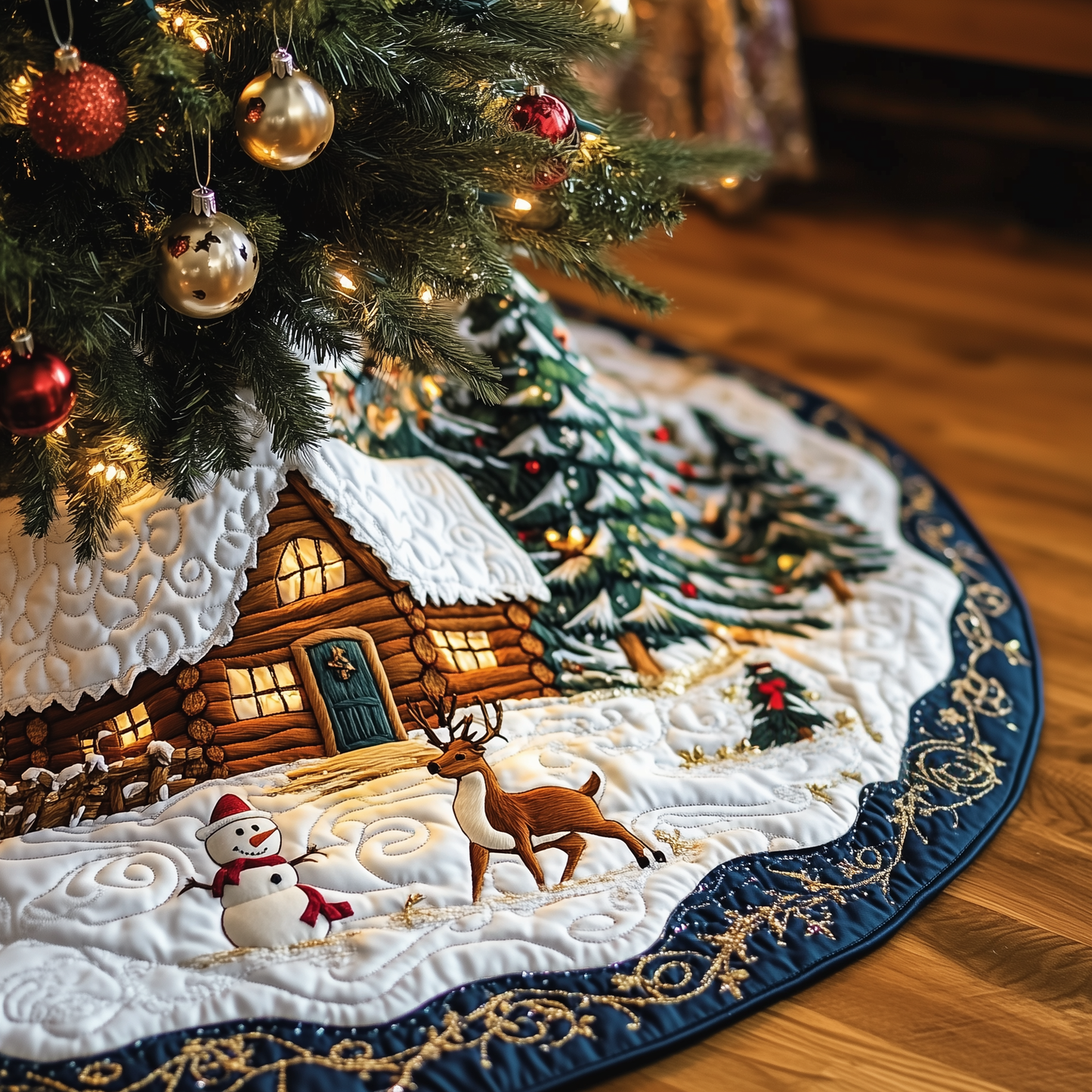 Vintage Snowy Cabin Quilted Tree Skirt GFTOTP969