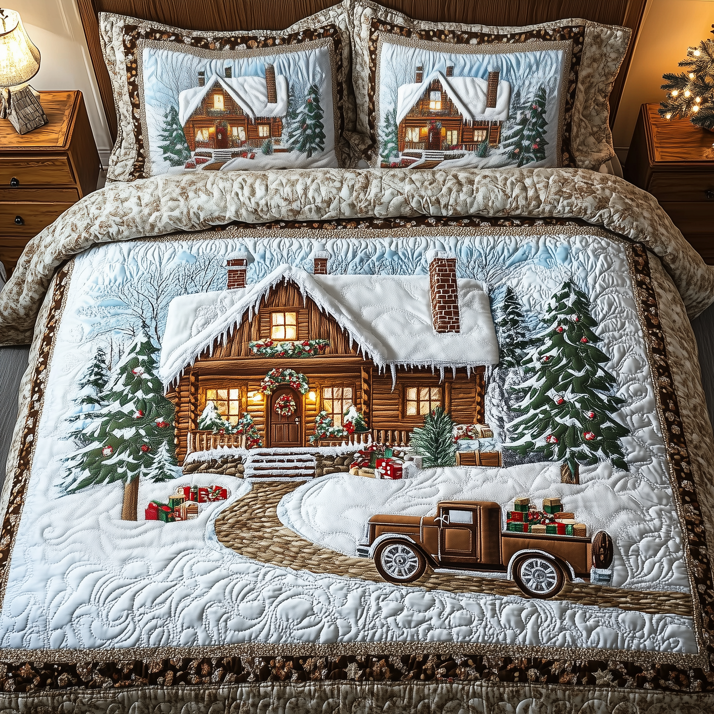 Vintage Snow Cabin 3-Piece Quilted Bedding Set GFTOTP989